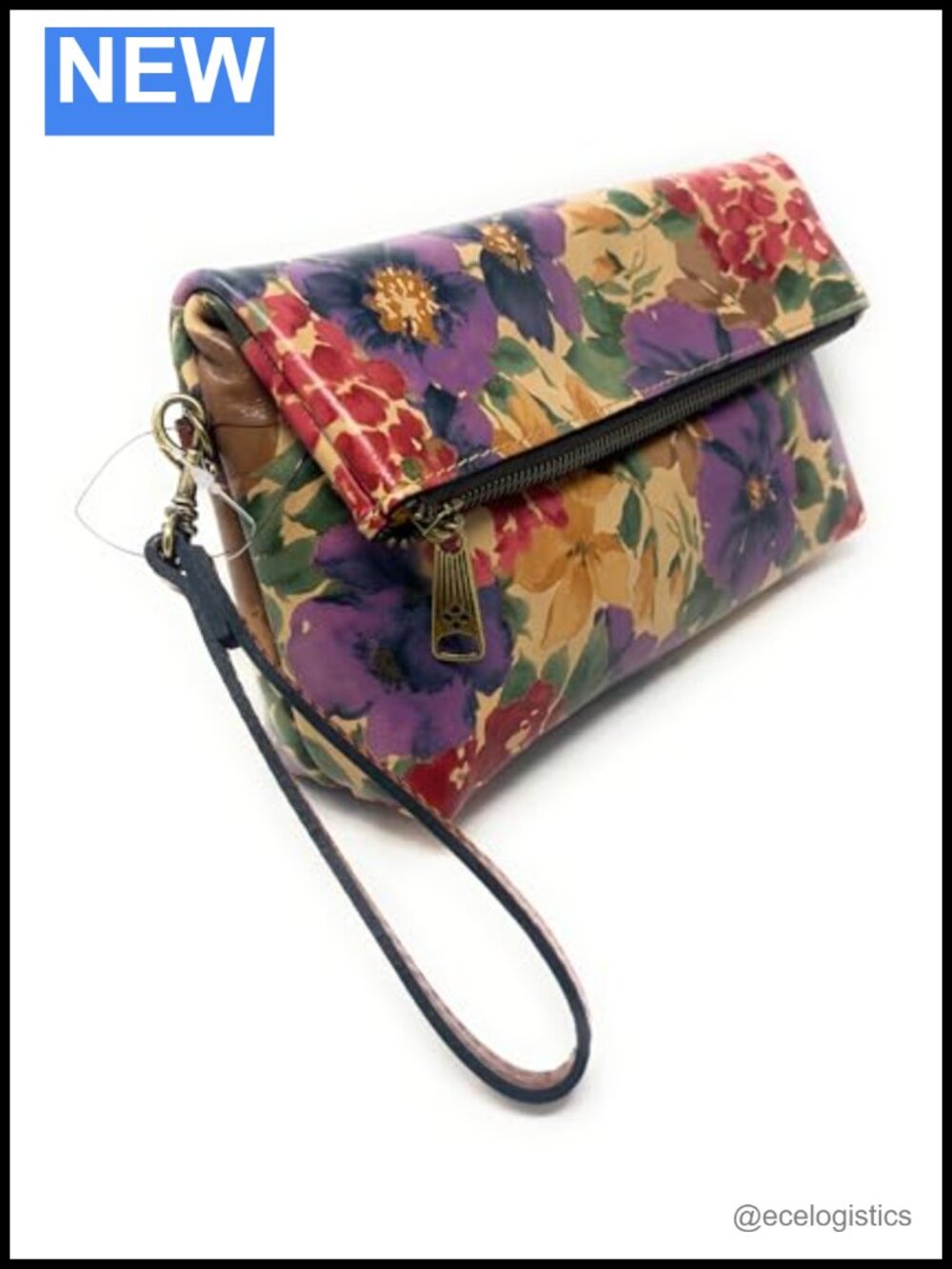 Leather Foldover Clutch Wristlet with Detachable Strap, Top Zip Closure